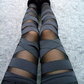 Women Half Mesh Inset Stripes Footless Leggings