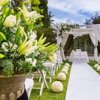 Decorations for the wedding ceremony. Flowers closeup.