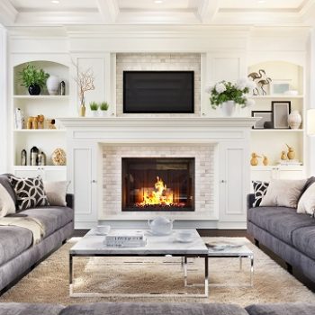 Luxurious interior design living room and fireplace in a beautif