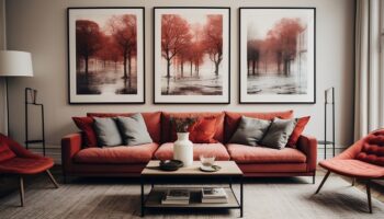 Modern clean interior design, living room, red, gray, grey, dark brown color scheme, framed photography on wall, coffee table, red sofa