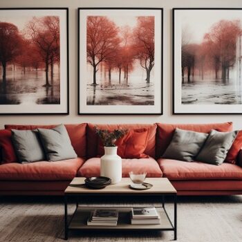 Modern clean interior design, living room, red, gray, grey, dark brown color scheme, framed photography on wall, coffee table, red sofa